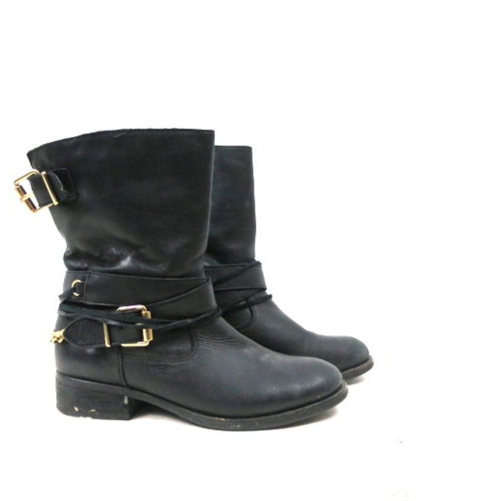 Black Leather Moto Boots Chain Harness Buckle Boot